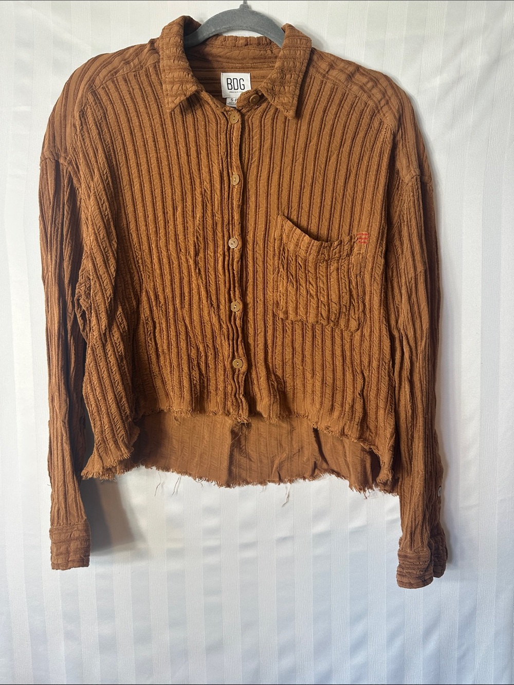 BDG Cropped Brown Ribbed Button-Down Shirt